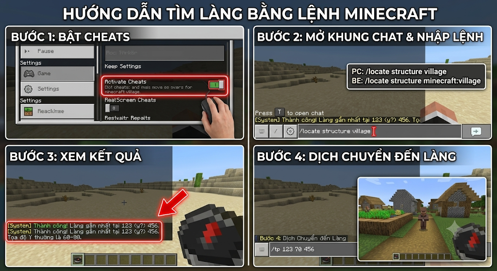Tổng hợp các lệnh Minecraft - Cẩm nang toàn tập cho game thủ 4 Hướng dẫn cách tìm làng bằng lệnh trong Minecraft